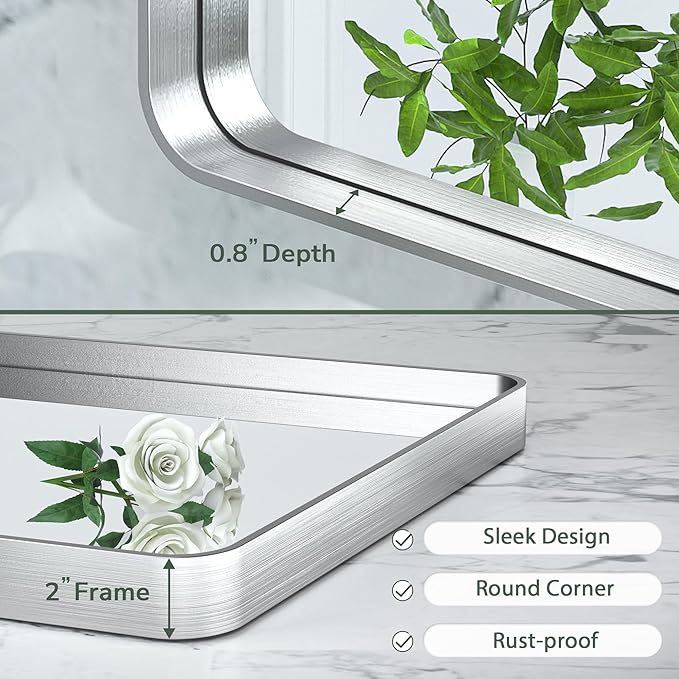 TokeShimi 48x40 Inch Brushed Silver Bathroom Mirror for Wall Metal Rounded Corner Rectangle Mirror Metal Frame Deep Set Design Hangs Horizontal Or Vertical