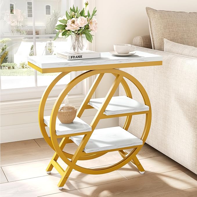 LITTLE TREE End Table, 4-Tier Narrow Faux Marble Side Table with Large Storage Space, Modern Nightstand and Bedside Table for Living Room, Home Office, Bedroom, White and Gold