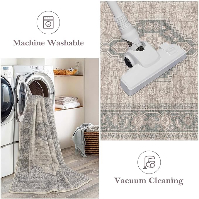 Lahome Oriental Washable Area Rug, 3x5 Soft Rugs for Bedroom Living Room, Ultra-Thin Vintage Non-Slip Throw Carpet for Kitchen Office Entryway, Grey/Brown