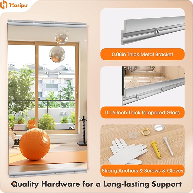 Hasipu Home Gym Mirror 55" L x 21" W - 2PCS Large Full Body Mirror for Yoga, Wall-Mounted Mirrors for Fitness, Garage, Dance Studio, 0.16in Tempered Glass Frameless