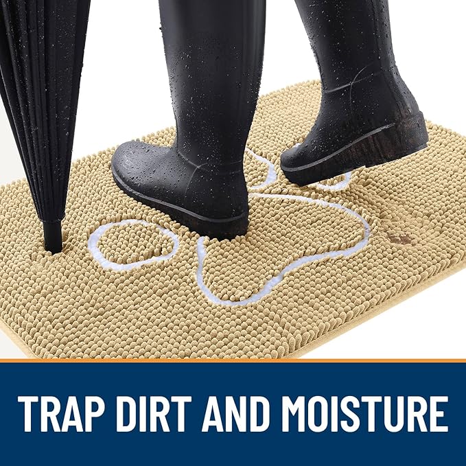 OLANLY Door Mat for Muddy Dog Paws 47x24, Ultra Absorbent Chenille Mud Doormat with Paw Print Design, Non-Slip Washable Doormat for Indoor Entryway, Quick-Dry Pet Bed Mats for Dirty Dogs, Beige