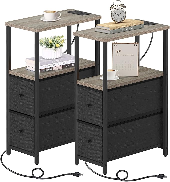 TUTOTAK Small Narrow End Table with Charging Station, Set of 2, Side Table with Outlets, Nightstand with 2 Cloth Drawers, Couch Table, for Living Room, Bedroom, Bedside, Greige TB01BG055