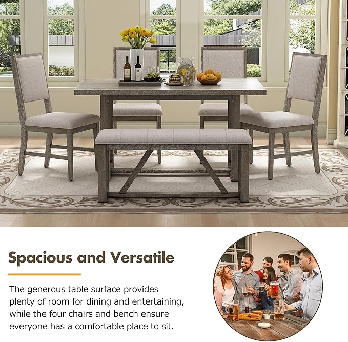 Merax Farmhouse Wooden Dining Set of 6, 59.6 inch Kitchen Table with Trestle Base, 4 Upholstered Chairs and 1 Bench, Easy Assemble Gray