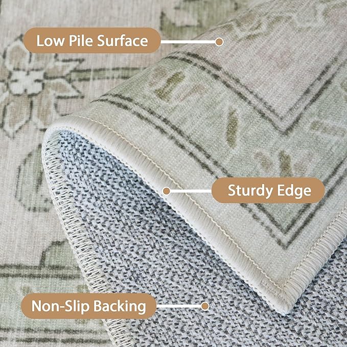 GENIMO 6x9 Area Rugs for Living Room, Machine Washable Non Slip Vintage Rugs, Low Pile Lightweight Chenille Print Rug for Bedroom, Dining Room, Home Office, Oat Light