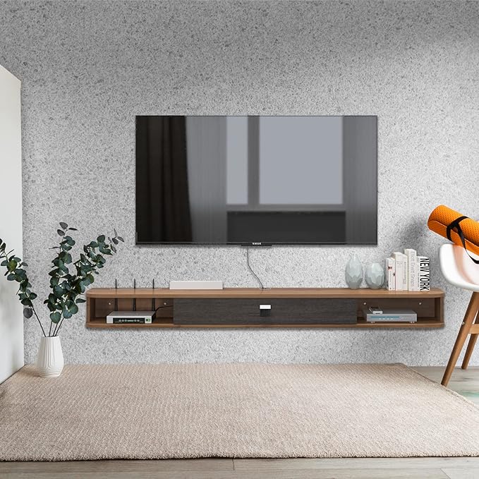 Pmnianhua Floating TV Shelf, 70'' Wall Mounted TV Stand Floating TV Console Media Entertainment Under TV Shelf for Bedroom Livingroom (Walnut)