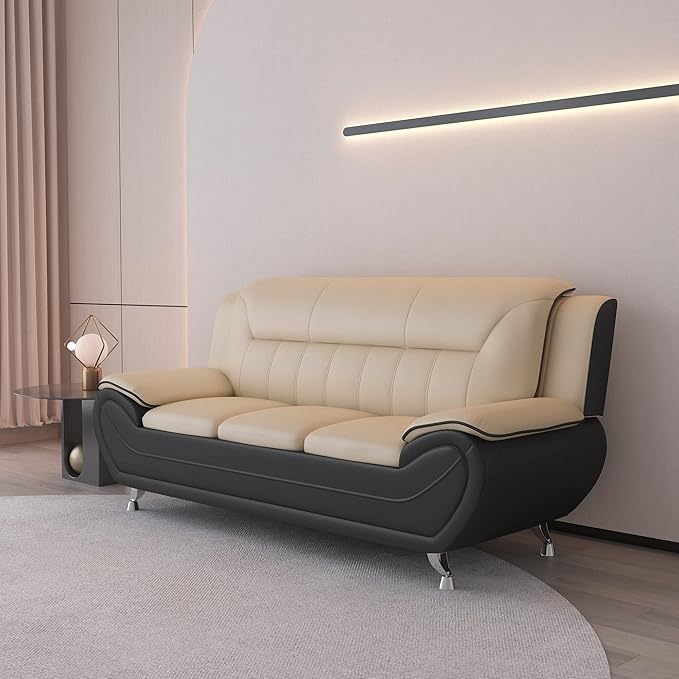 Container Furniture Direct Michael Modern Faux Leather Upholstered Stainless Steel Legs Living Room Sofa, Camel/Black