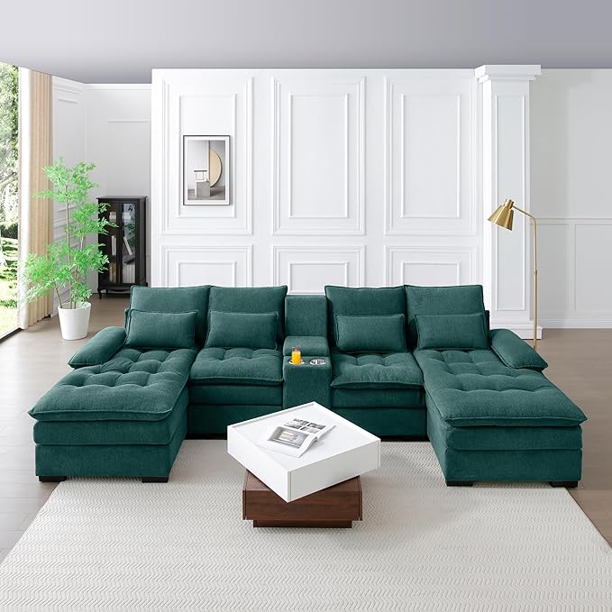 130" U-Shaped Sectional Sofa with Storage Console & Cup Holders, Upholstered 6 Seat Living Room Sleeper Couch Furniture Set w/Chaise, Cloud Cushion Couch for Home, Office, Apartment,Green