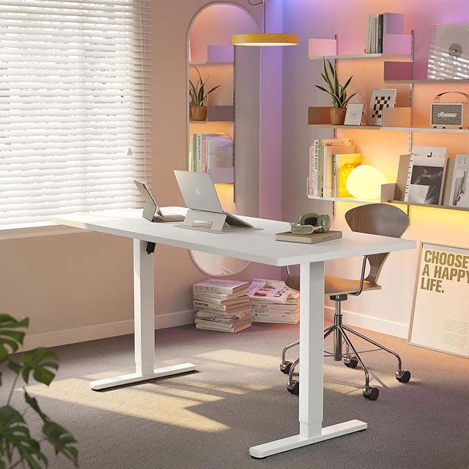 HUANUO 63 x 28 inch Electric Standing Desk Adjustable Height, 4 Memory Height Settings, Sit Stand Up Desk for Home Office & Computer Workstation, White