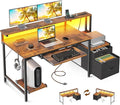 AODK Computer Desk with Drawers and Keyboard Tray, 48" Office Desk with Power Outlet and LED Lights, Reversible Study Work Desk with Printer Shelf and PC Stand for Home Office, Vintage
