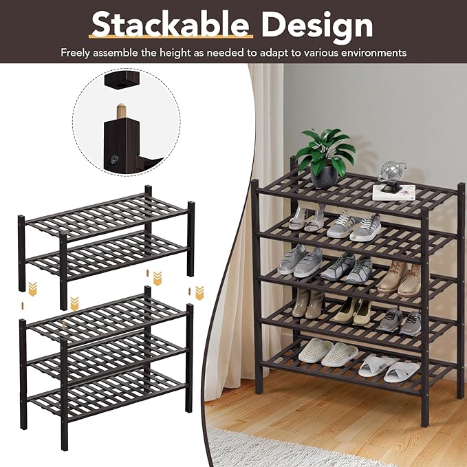 Haddockway 5 Tier Bamboo Shoe Rack Storage Organizer, Multifunctional Free Standing Stackable Shoe Shelf with Grid Panel for Closet,Hallway,Entryway,Small Space 27"x11"x32" (Brown, 5 Tier)