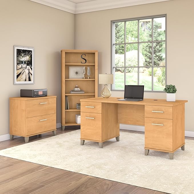 Bush Furniture WC81465 Bookcase, Bookshelf, Large Book Living Room, Home Office, or Entryway, Tall 5 Shelf, Maple Cross