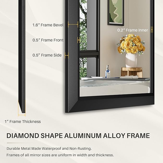 48x32 Inch Black Bathroom Mirror for Wall, Thick Metal Framed Rectangle Mirrors for Over Sink, Bedroom, Living Room, Entryway, Anti-Rust, HD Tempered Glass