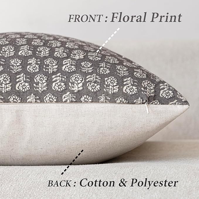 Foindtower Set of 2 Decorative Neutral Floral Print Throw Pillow Covers Vintage Accent Farmhouse Cushion Covers Boho Home Decor for Sofa Couch Chair Bedroom Living Room Outdoor,20×20 Inch,Rustic Gray
