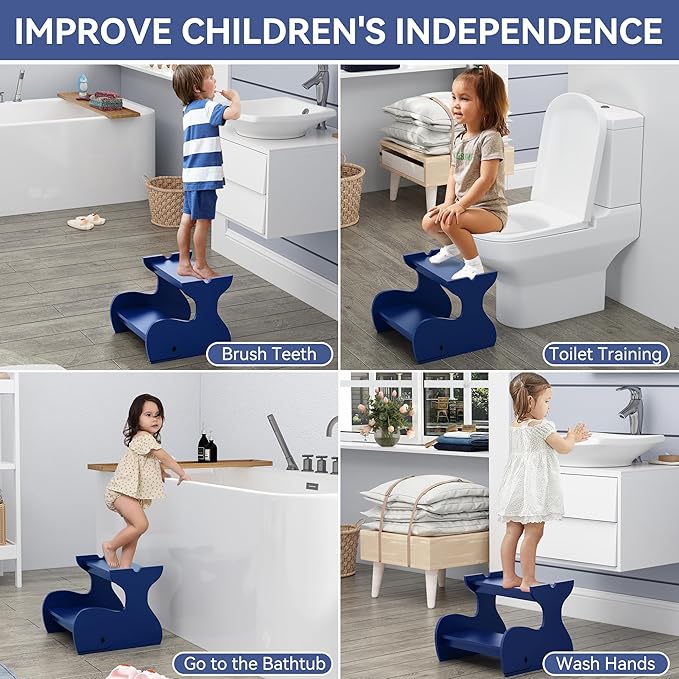 Wood Step Stools for Kids, Child Two Step Stool of Whale Shape, Toddler Step Stools Potty Training Stool, Easy to Move Safety for Kitchen, Bathroom, Bedroom, Toilet