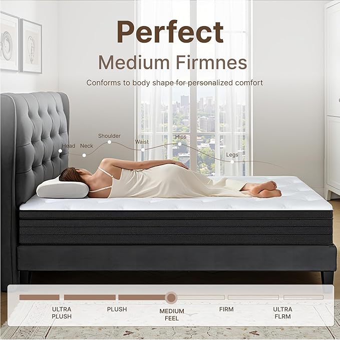 Full Size Mattress, 12 Inch 5-Zone Pocket Spring Hybrid Mattress with Gel Memory Foam for Pressure Relief & Peaceful Sleep, Medium Firm, Mattress in a Box