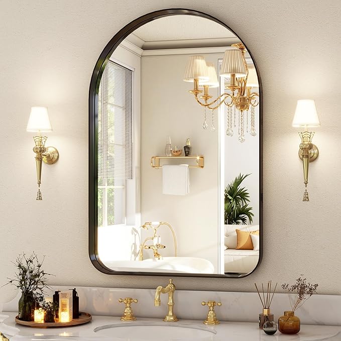 38"x26" Arched Bathroom Mirror - Modern Black Mirror for Wall with Rounded Corners, Bathroom Mirror for Vanity, Aluminum Alloy Framed Mirror - for Living Room, Bedroom, Cloakroom