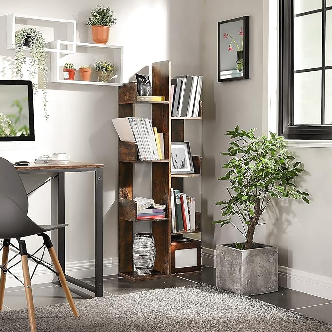 VASAGLE Bookcase, Tree-Shaped Bookshelf with 8 Storage Shelves, Rounded Corners, 19.7 x 9.8 x 55.1 Inches, Rustic Brown ULBC66BXV1