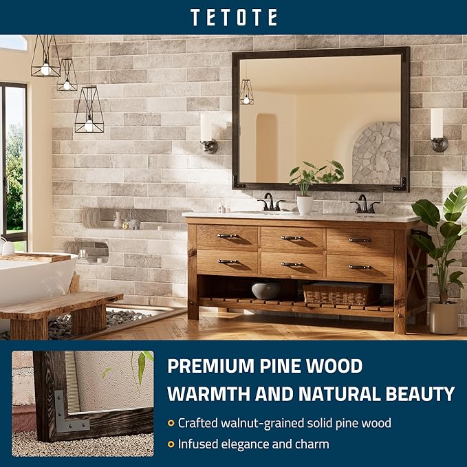 TETOTE 48 x 36 Black Wood Framed Mirror for Bathroom Wall/Bedroom/Living Room/Entryway Farmhouse Rustic Bathroom Vanity Mirror Waterproof (Horizontal/Vertical Mounted)