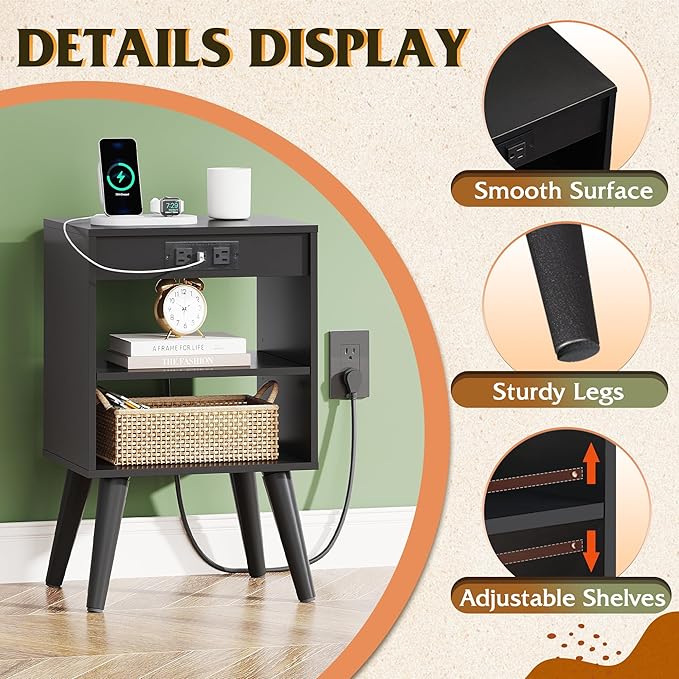 WLIVE Black Nightstand, Night Stand with Charger Station, Bedside Tables, Side Table with Storage Shelf, End Table with USB Ports and Outlets for Bedroom, 15.12" D x 11.73" W x 23.74" H