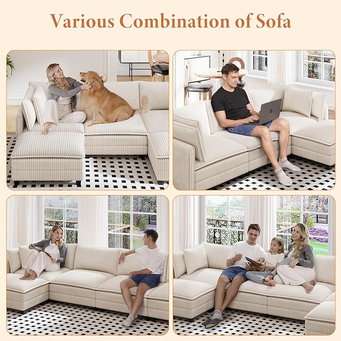 Vesgantti 143" L Shaped Modular Sectional Sofa, Comfy Corduroy Upholstered Modular Sectional Couches for Living Room, Modern Cloud Couch with Ottoman Deep Seat, Beige