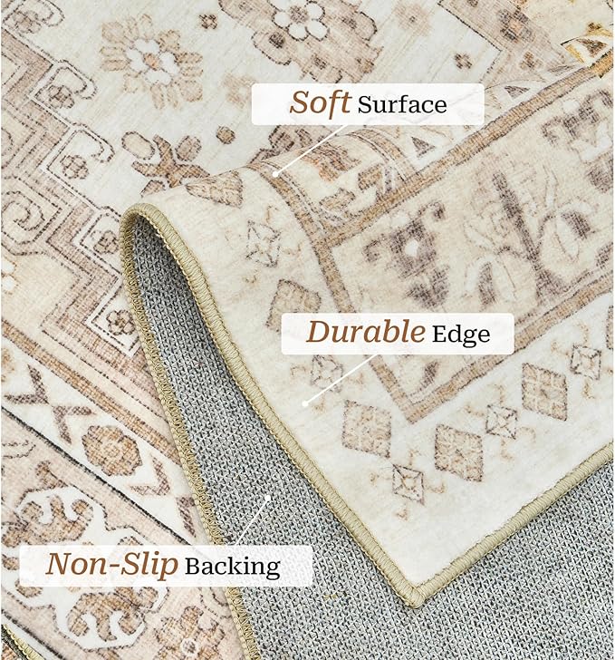zesthome 7x9 Area Rug, Super Soft Washable Rugs for Living Room, Non-Slip Stain Resistant Vintage Rugs, Ultra-Thin Large Area Rugs (Cream/Beige,7'x9')