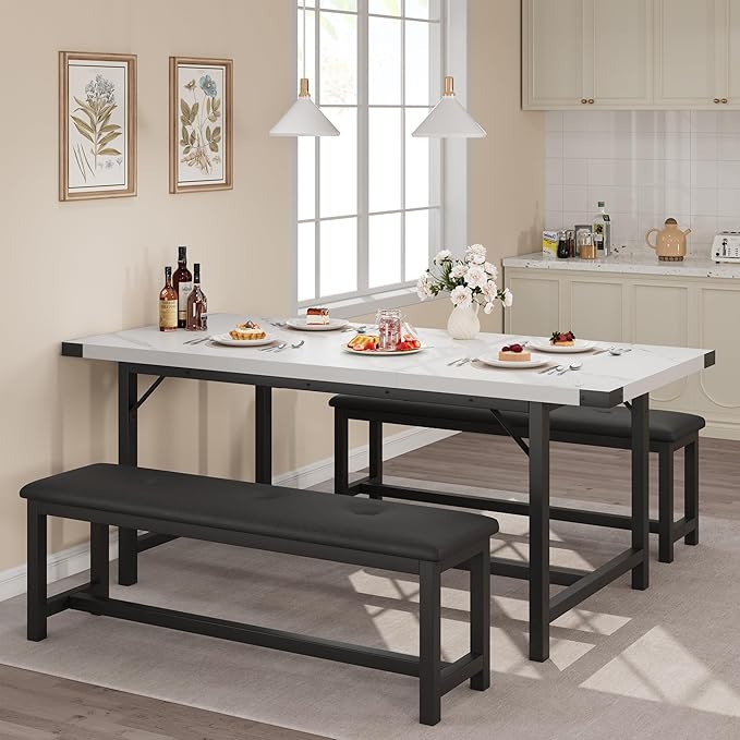 3-Piece Dining Table Set for 4-6 People, Extendable Kitchen Table Set with 2 Upholstered Benches, Dining Room Table Set for Apartment, Kitchen, Living Room, Marble White