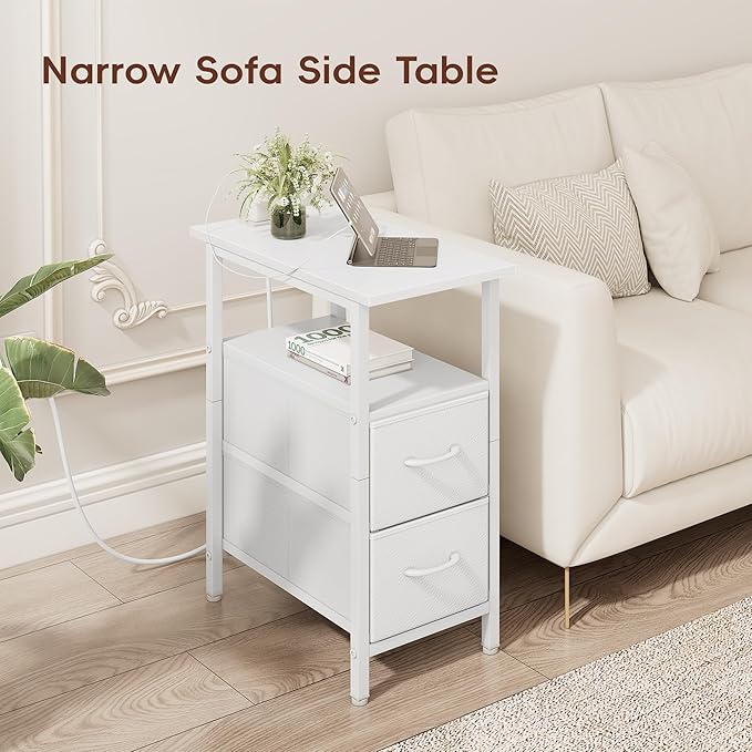 Vagusicc White End Table with Charging Station, Narrow Side Table, 23.8'' Tall Nightstand with 2 Fabric Drawers, Small Sofa Side Table Narrow Nightstand for Small Spaces, Living Room, Bedroom, White