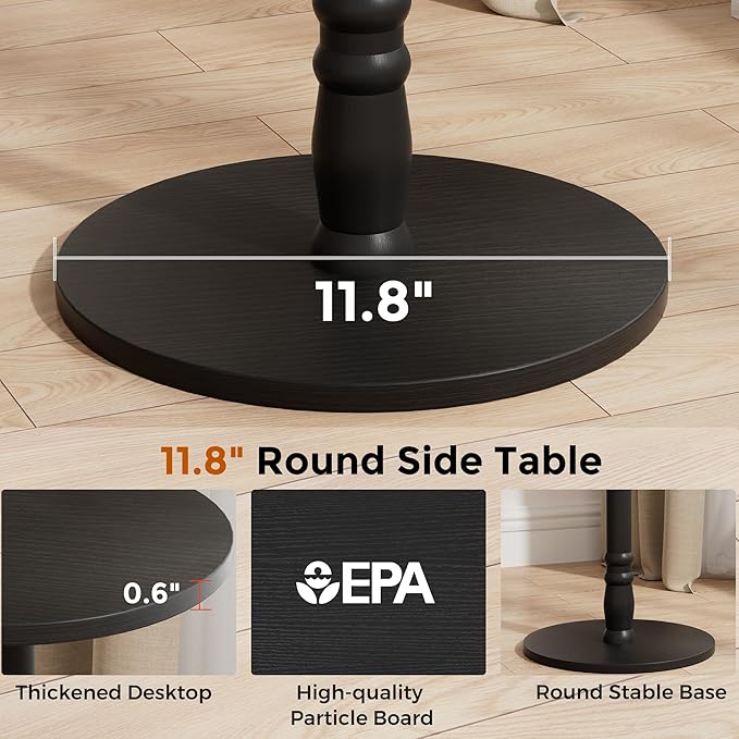 Round Side Table, Solid Wood Pillar with Wood Top & Base, Small Drink Accent Table for Living Room, Bedroom, Sofa & Office, Easy Assembly, Black