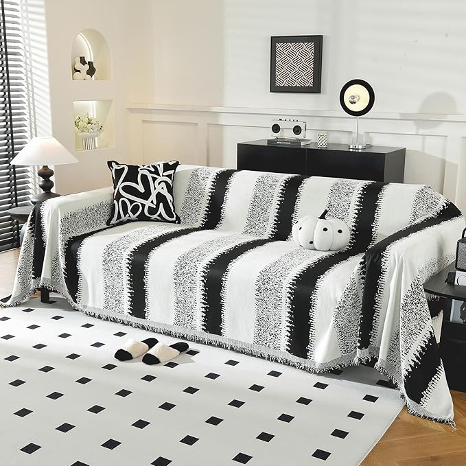 LUFEIJIASHI Boho Couch Covers for Sofa Non Slip Sofa Covers Washable Couch Covers for 3 Cushion Couch Sofa Pet Friendly Sectional Couch Cover Blanket Furniture Protector for Dogs (Black, 91"x118")