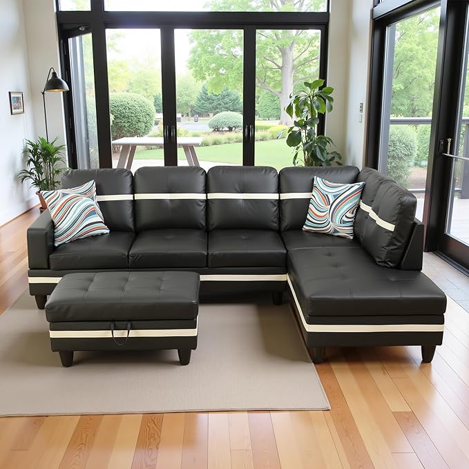 103.5" Oversized Sectional Couch, L Shaped Couch with Storage Ottoman, Modern Modular Sofa with Deep Seat, Sectional Couches for Living Room and Office, Black and White (PU Leather)