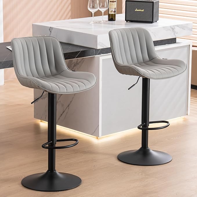 YOUNUOKE Counter Height Bar Stools Set of 2 Upholstered Kitchen Island Barstools Adjustable Swivel Stools with Back Mid Century PU Leather Padded Chairs Grey