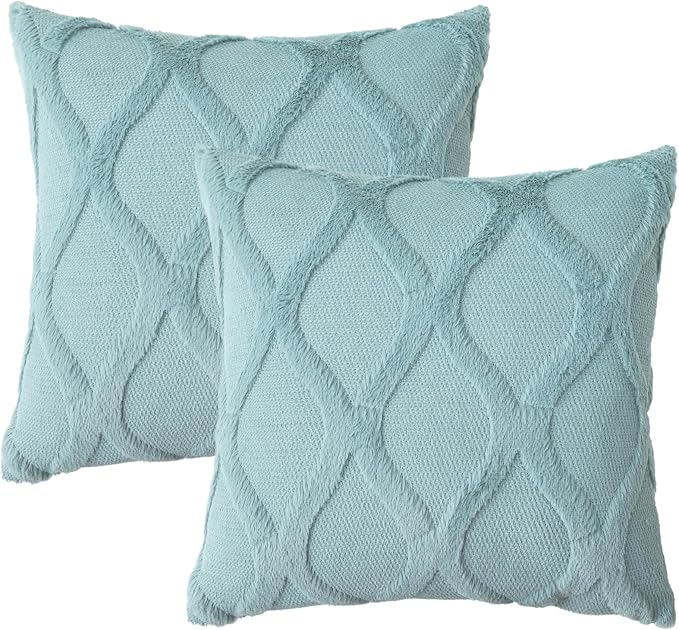 decorUhome Throw Pillow Covers 18x18 Inch Set of 2, Soft Plush Faux Fur Wool Aqua Couch Pillow Covers, Decorative Neutral Pillow Cases for Bed Sofa Living Room Home Decor