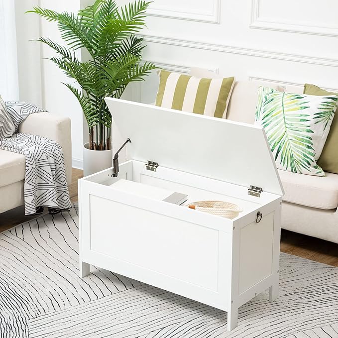 HOOBRO Toy Box, Retro Wooden Look Storage Chest with Safety Hinge, Entryway Storage Bench Supports 220 lb, 29.9 x 15.7 x 18.9 Inches Toy Chest Organizer, Easy Assembly (White) WT75CW01G1
