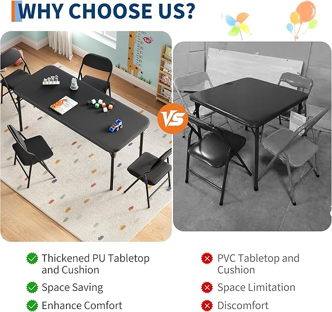 IDEALHOUSE 5 Piece Boys Girls Folding Table and Chairs Set, Activity Table and Chairs Set for Dining Room,Daycare,Classrooms