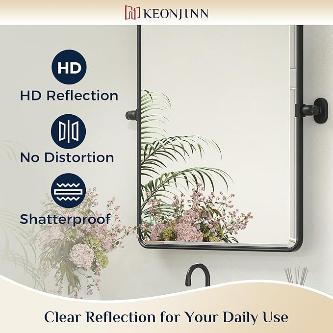 Keonjinn Pivot Mirror Bathroom, 24x30 Inch Black Tilt Mirror Bathroom for Over Sink, Matte Black Framed Mirrors for Bathrooms, Adjustable Beveled Rounded Corner Tilt Wall Mirrors, Horizontal/Vertical