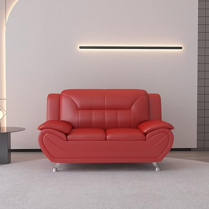 Container Furniture Direct Michael Modern Faux Leather Upholstered Stainless Steel Legs Living Room Sofa, Loveseat, Persian Red