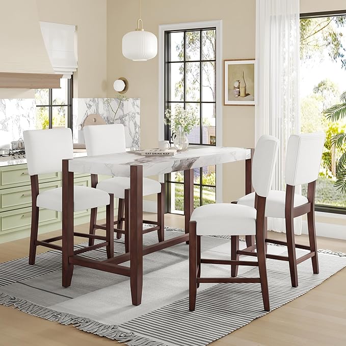 Ball & Cast 5-Piece Dining Table Set for 4,Kitchen Table Set W/Faux Marble Bar Table,Counter Height Living Room Furniture W/ 4 Upholstered Chairs,for Dining Room,Pub Kitchen,Small Place,Beige+White