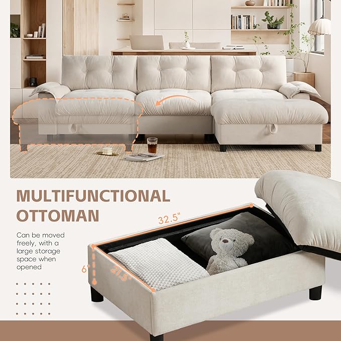 Mreax L-Shape Sectional Sofa with Movable Storage Ottoman and Multifunctional Armrest, 4 Seater Oversized Chenille Upholstered Cloud Couch for Living Room, Apartment, Unique Tufted Design, Beige