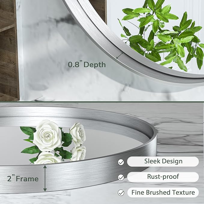 TokeShimi Round Mirror 30 Inch Brushed Silver Round Bathroom Mirror for Wall Non-Rusting Aluminum Alloy Brushed Silver Metal Frame Modern Circle Mirror Fit in Minimalist Multi Style for Decor