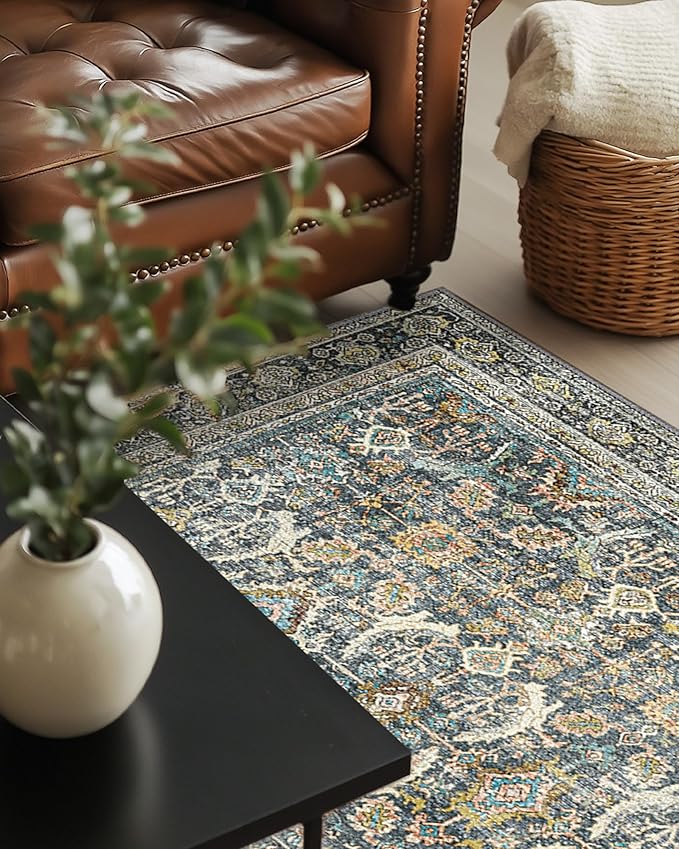 6X9 Area Rugs Machine Washable Rugs for Living Room, Vintage Boho Large Rugs for Bedroom Dining Room, Non Slip Indoor Soft Distressed Lightweight Thin Low Pile Carpet, Terracotta