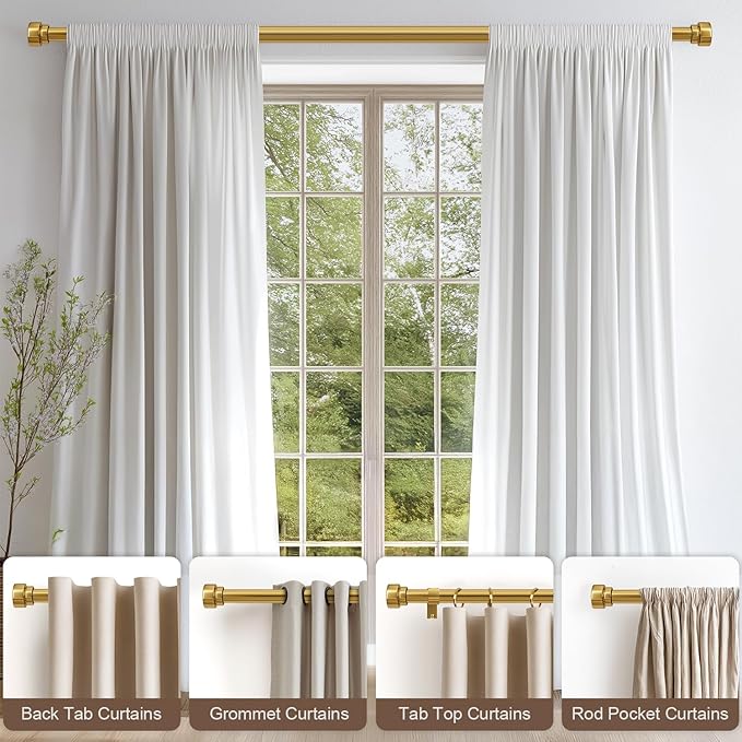 Modern Gold Curtain Rods for Windows 48 to 84 Inches Adjustable Length Heavy Duty 1" Diameter Brass Window Curtain Rod with Solid Metal Finials for Outdoor Farmhouse Bedroom Kitchen Living Room