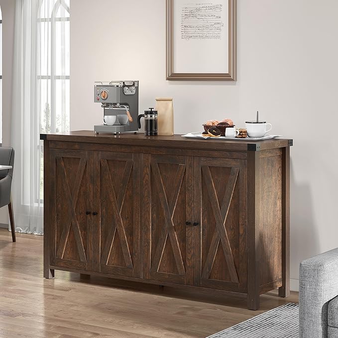 YITAHOME 55'' Buffet Cabinet with Storage, Farmhouse Sideboard Cabinet Coffee Bar Cabinets with Barn Doors ＆ Adjustable Shelves for Kitchen, Living Room, Brown