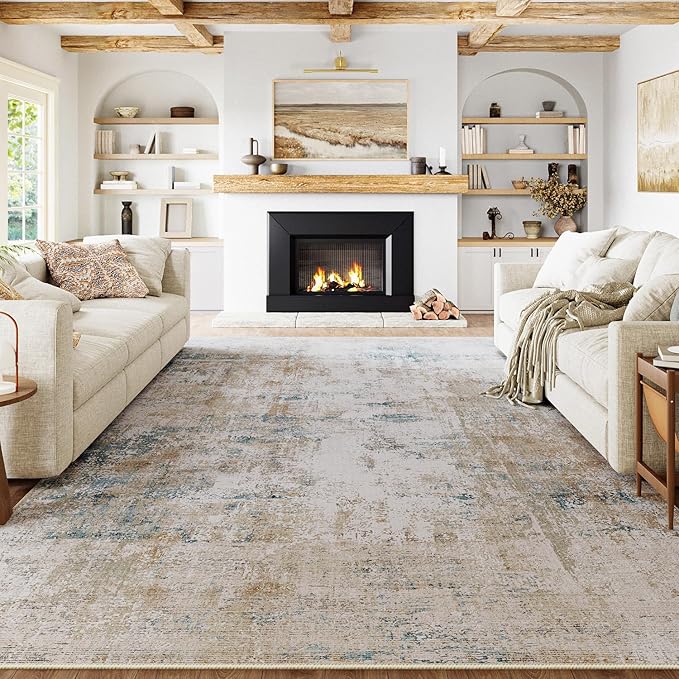 8x10 Washable Area Rug Beige Blue Neutral Abstract Living Room Bedroom Large Throw Rug Non Slip Soft Low Pile Indoor Floor Carpet for Dining Room Kitchen Office Entryway