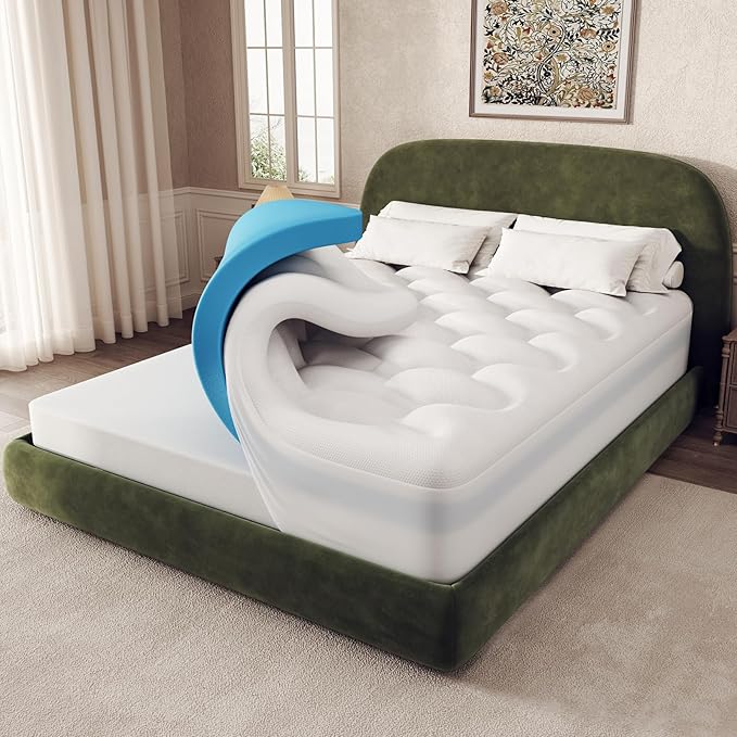 OhGeni Cooling 4 inch Dual Layer Queen Mattress Topper, 2 inch Cooling Gel Memory Foam, 2 inch Down Alternative Pillow Top Pad, Mattresses Cover for Bed, Medium Support, Fits 6”-19” Deep Pocket