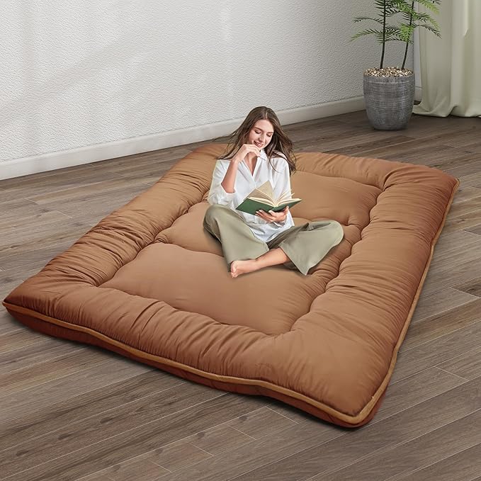 Japanese Floor Mattress,4" Thicken Japanese Floor Sleeping Pad Foldable,Futon Mattress Suitable for Camping and Guest Room (Khaki, Twin (80" x 36"))