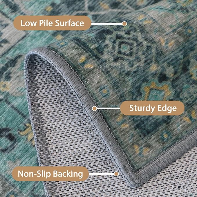 GENIMO 10x12 Area Rugs for Living Room, Machine Washable Non Slip Vintage Rugs, Low Pile Lightweight Chenille Print Rug for Bedroom, Dining Room, Home Office, Dark Green