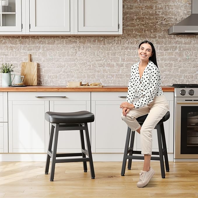 Counter Height Bar Stools Set of 3, 24 Inch Barstools for Kitchen Counter, Kitchen Stools with Bonded Leather Saddle Seats & Heavy Duty Metal Legs, Easy Assembly, Gray/White
