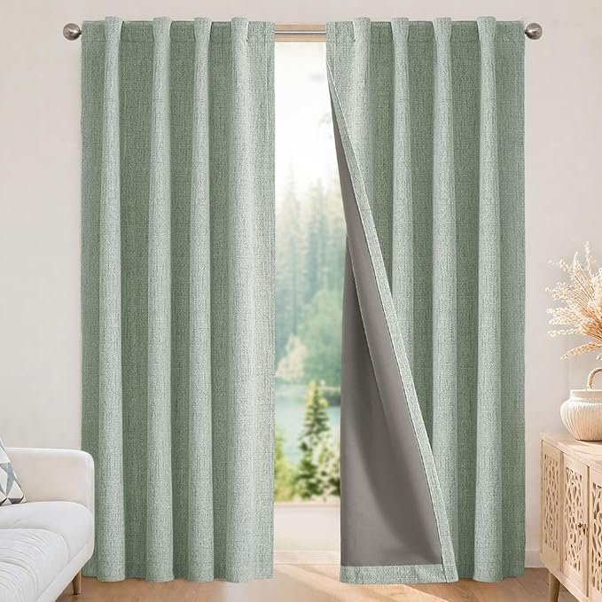 Joydeco Blackout Curtains for Bedroom - 100% Light Blocking 2 Panels Sage Green Drapes 66" W x 90" L, Thermal Insulated Room Darkening Curtains, Linen Textured for Living Room, Rod Pocket & Back Tabs