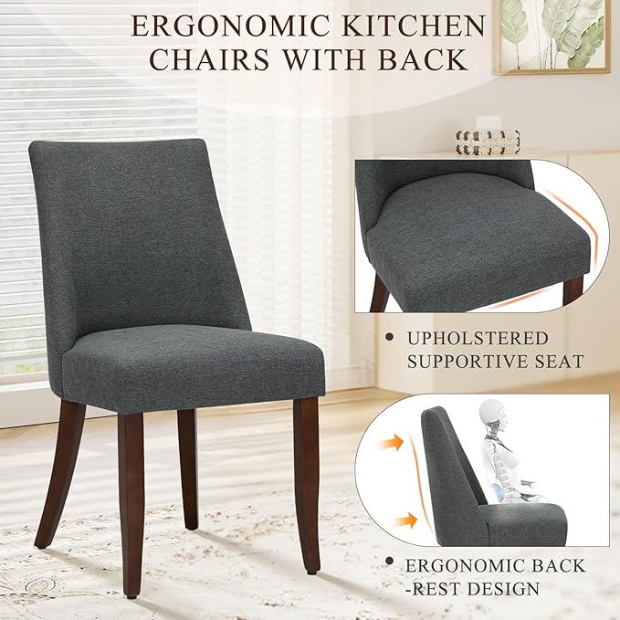 COLAMY Upholstered Dining Chairs Set of 2, Mid Century Modern Kitchen Chairs with Back, Farmhouse Fabric Side Dining Room Chairs with Wood Legs for Dining Room Restaurant, Dark Grey