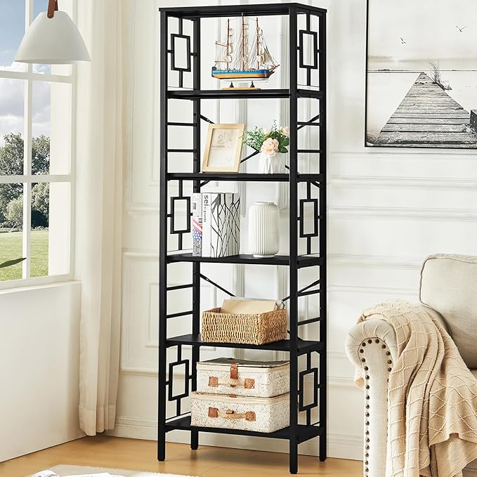 HOMISSUE Tall Bookshelf, Industrial Bookshelf with Metal Frame and Open Shelves, 6 Tier Metal Bookshelves and Bookcases, Rustic Bookcase, Tall Book Shelf for Office, Living Room and Bedroom, Black